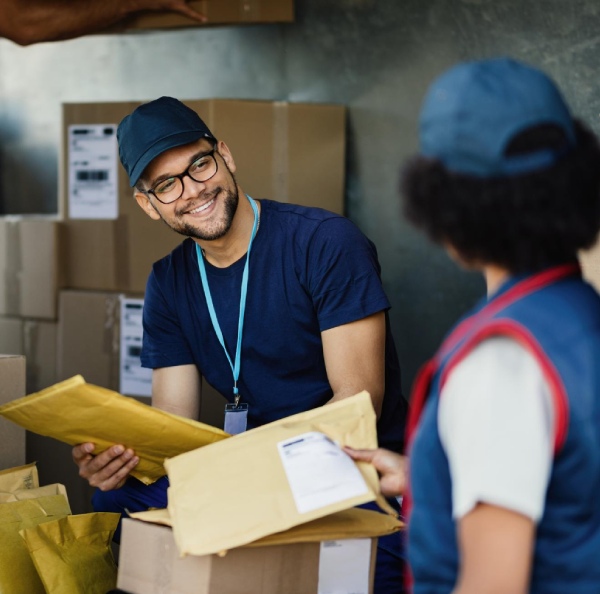 a man smiling while holding a package