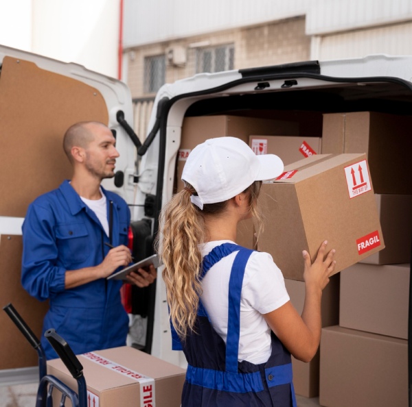 A man and a woman keeping boxes in a van