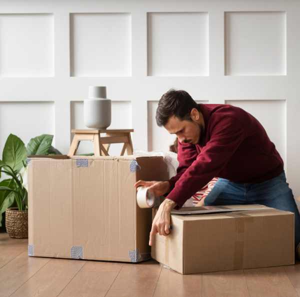 a person putting a roll of tape on a box