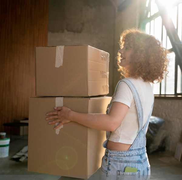 a girl carrying boxes in a room